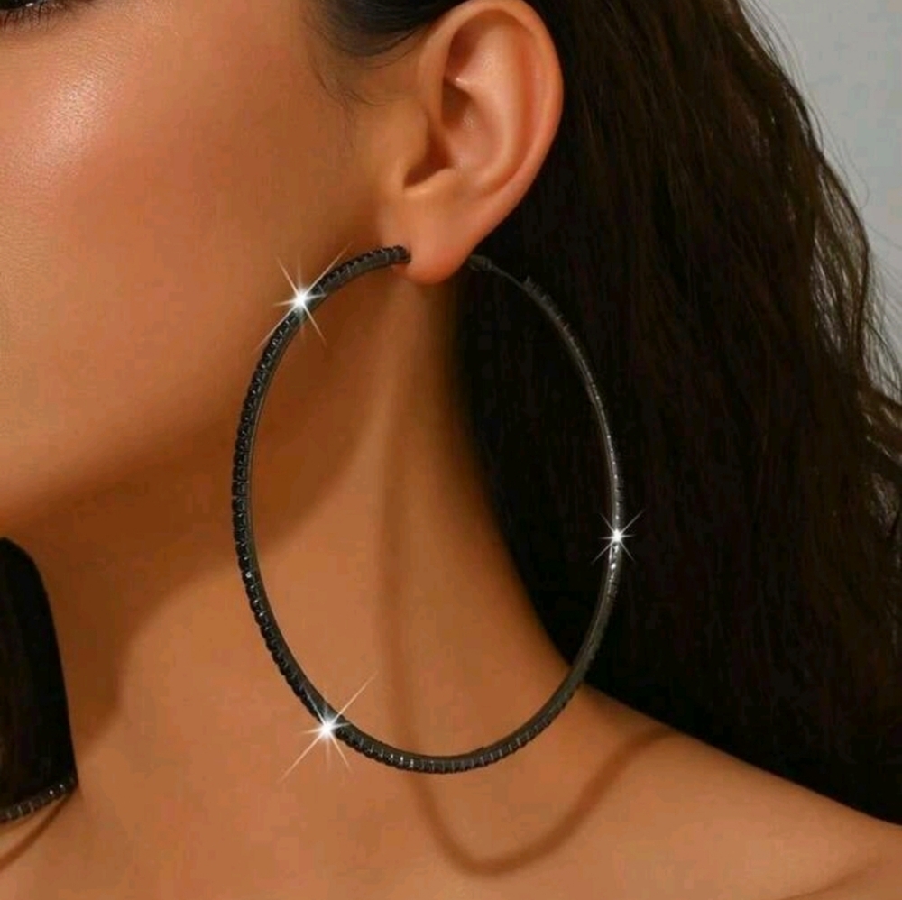 Large Black Rhinestone Hoop Earrings - Picture 4 of 6